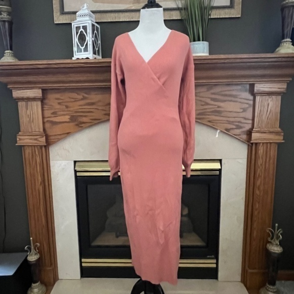 NEW Peach Love California Light Red Bodycon Faux Wrap Midi Dress Sz. L